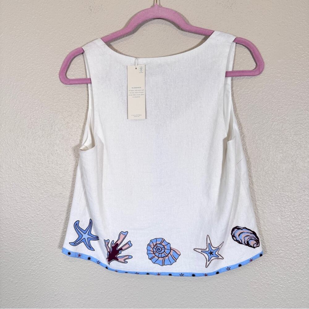 Calypso St Barth White Shell Print Linen Vest Womens 4 Beachy Vacation Tropical - Picture 4 of 11